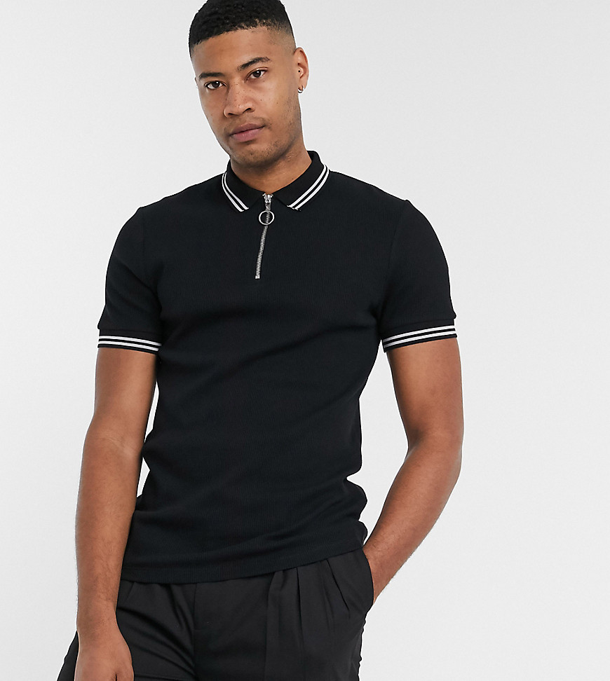 ASOS DESIGN Tall polo shirt with zip neck and tipping in black waffle