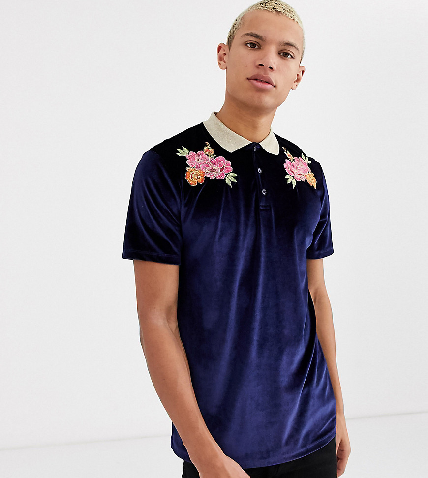 ASOS DESIGN Tall polo with contrast gold metallic collar and floral applique detail in velour-Navy
