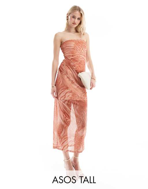 ASOS DESIGN Tall – Pomarańczowa siateczkowa drapowana sukienka midi z dekoltem bandeau w zwierzęcy wzór