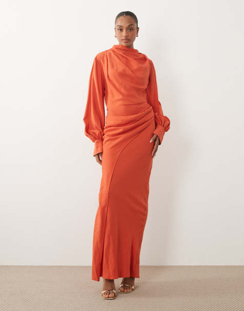 ASOS DESIGN Tall – Pomarańczowa sukienka maxi z zabudowanym dekoltem i drapowaną spódnicą - view 1