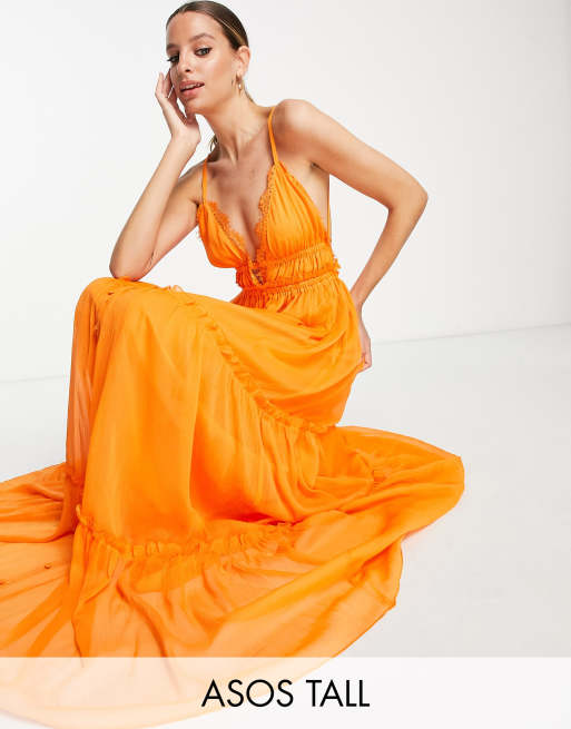 ASOS DESIGN Tall – Pomarańczowa warstwowa sukienka maxi z zapięciem na guziki i koronkową lamówką 