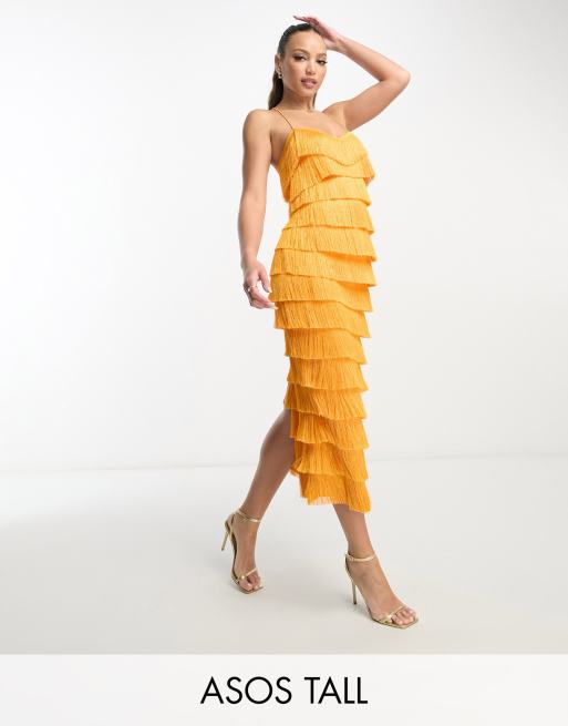 ASOS DESIGN Tall – Pomarańczowa warstwowa sukienka midi z ozdobnym tyłem i frędzelkami