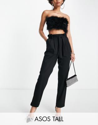 Asos Tall Asos Design Tall Ponte Peg Pants With Paperbag Tie Waist In Black