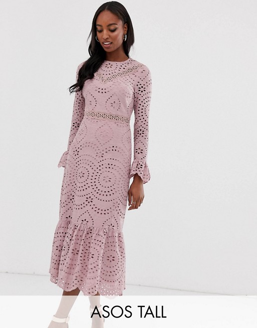 ASOS DESIGN Tall PREMIUM broderie maxi dress with pep hem and fluted sleeves
