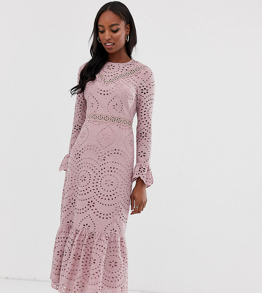 ASOS DESIGN Tall PREMIUM broderie maxi dress with pep hem and fluted sleeves-Pink