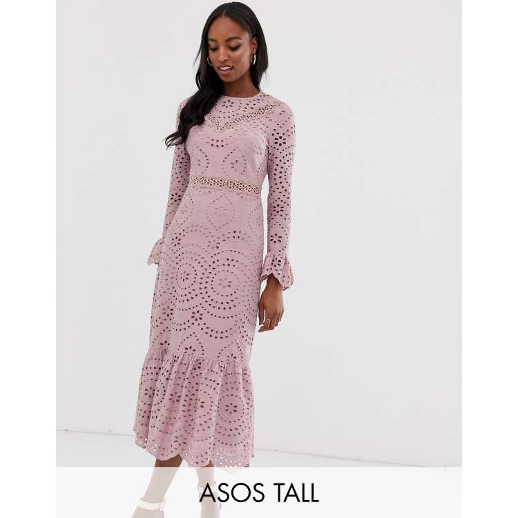 Asos design premium broderie maxi dress 2025 with pep hem and fluted sleeves