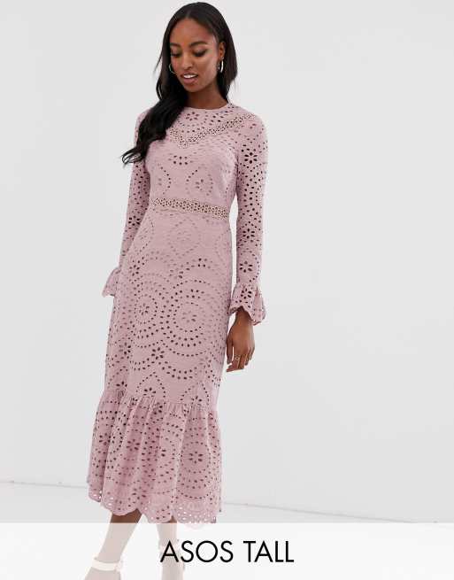 ASOS DESIGN Tall PREMIUM broderie maxi dress with pep hem and fluted  sleeves | ASOS