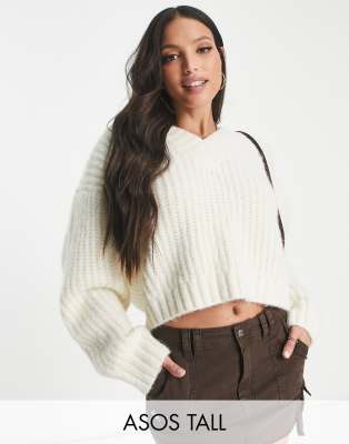 ASOS DESIGN Tall premium chunky v neck oversized jumper in fluffy yarn in cream