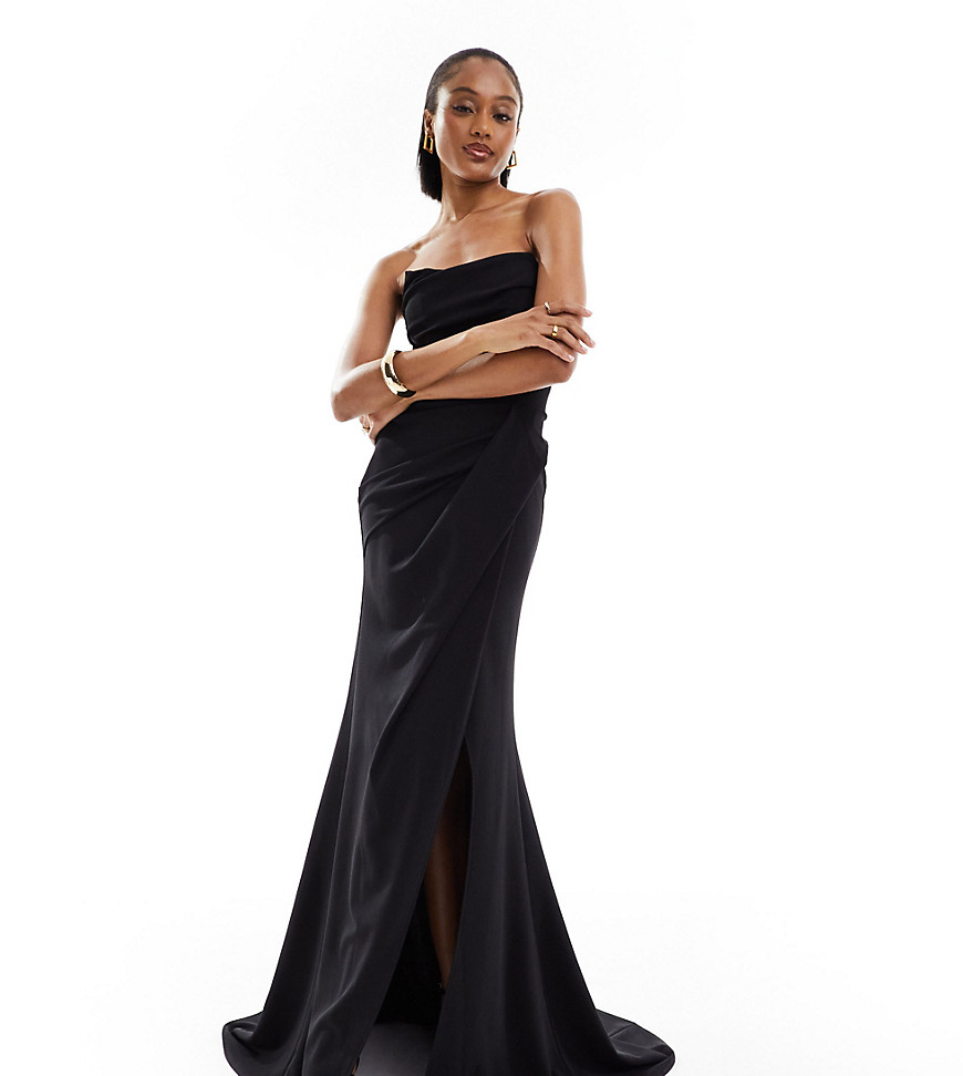 ASOS DESIGN Tall premium draped bandeau maxi dress with high split in black