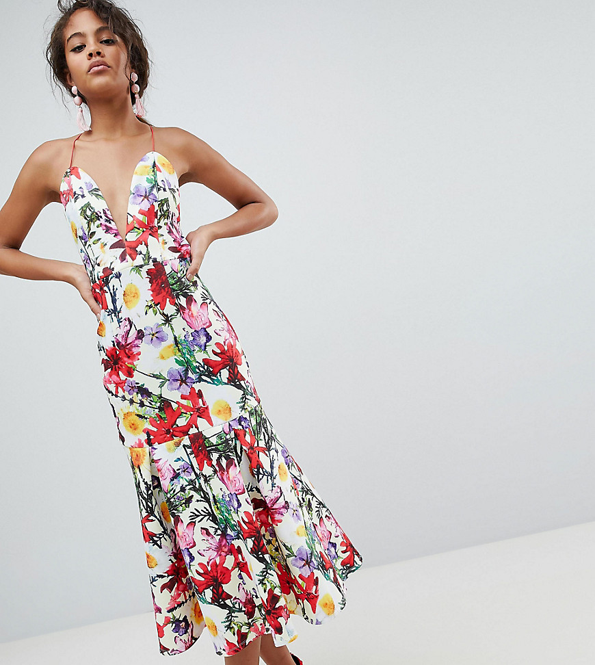 ASOS DESIGN Tall premium floral drop waist scuba prom dress-Multi