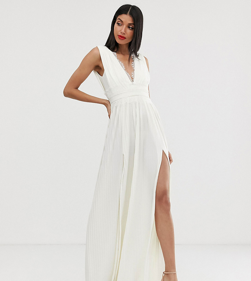 ASOS DESIGN Tall - Premium geplooide lange jurk met kanten inzetstuk-Wit