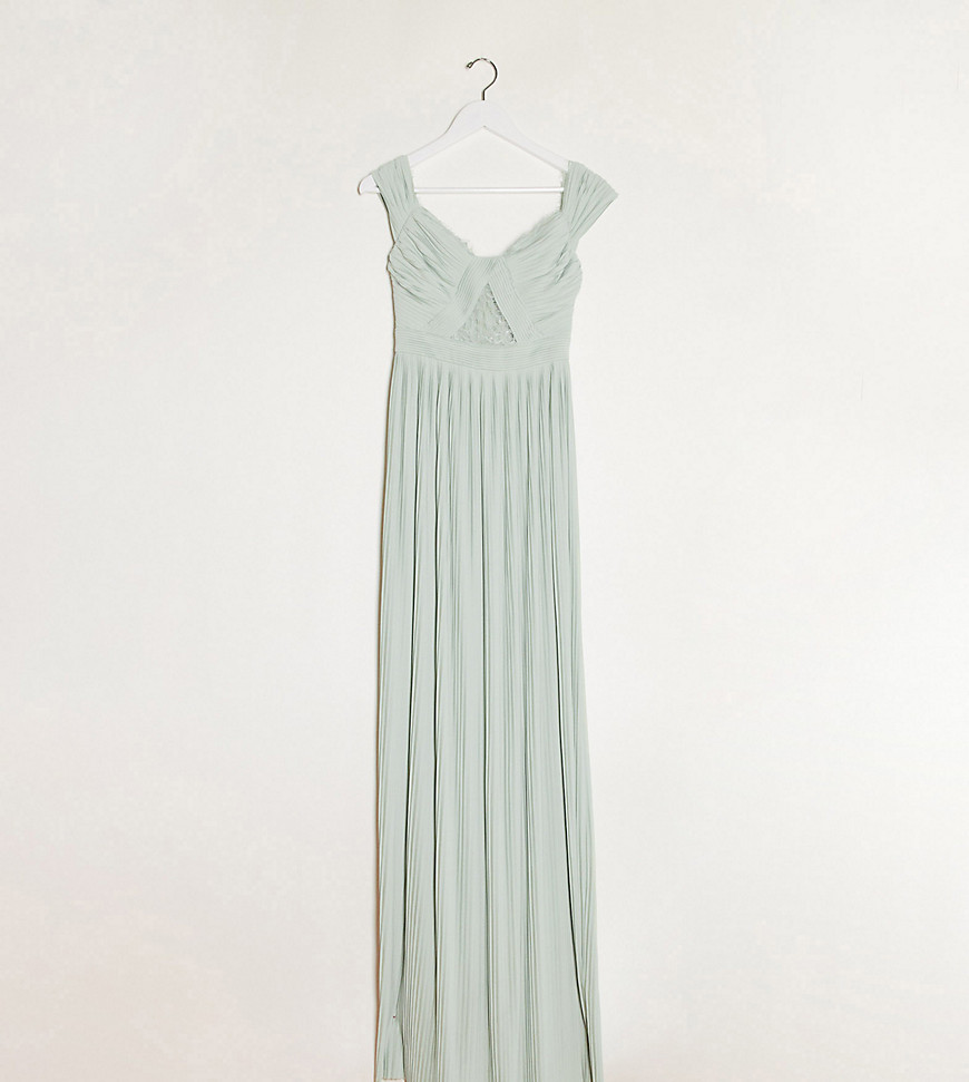 ASOS DESIGN Tall premium lace and pleat off-the-shoulder maxi dress in sage-Neutral