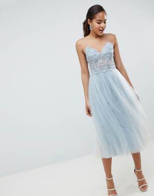 asos design lace top tulle midi dress