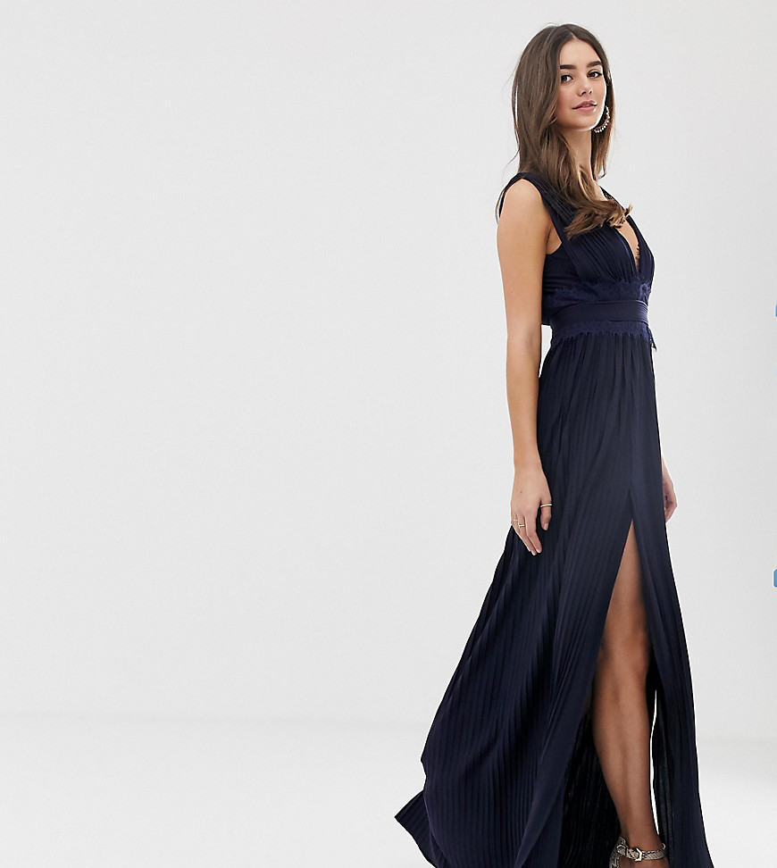 ASOS DESIGN Tall Premium Lace Insert Pleated Maxi Dress-Navy