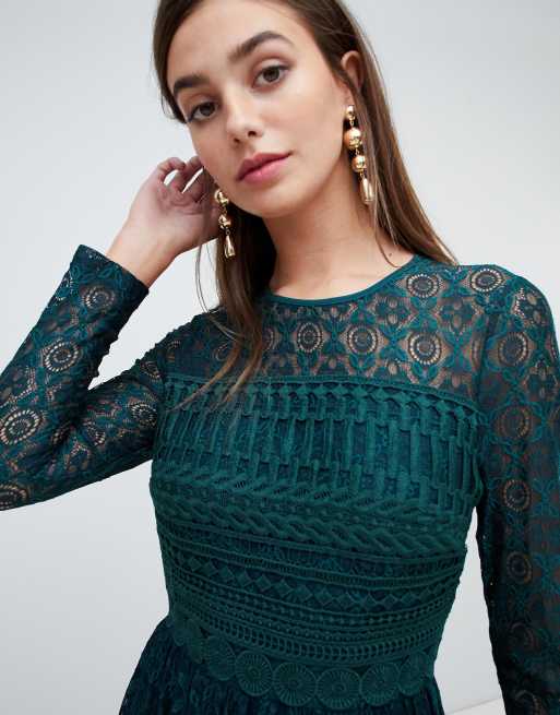 Long Sleeve Crochet Lace Midi Skater Dress