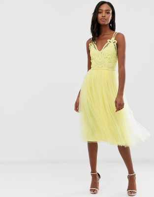 asos design premium lace cami top tulle midi dress