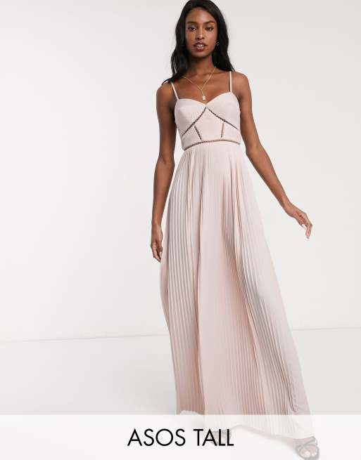 ASOS DESIGN - Tall - Premium - Lange, geplooide cami-jurk met opengewerkte rand in zachtroze