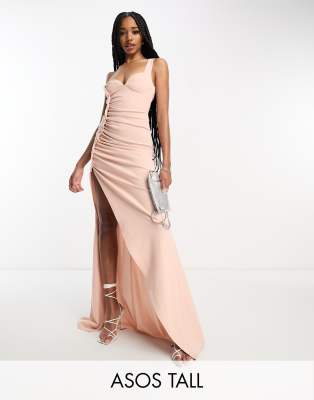 Asos Design Tall Premium One Shoulder Button Maxi Dress In Blush-multi