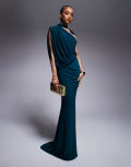 [ASOS Tall] ASOS DESIGN Tall premium one shoulder drape maxi dress with cape detail in petrol-Blue 20 Petrol Blue