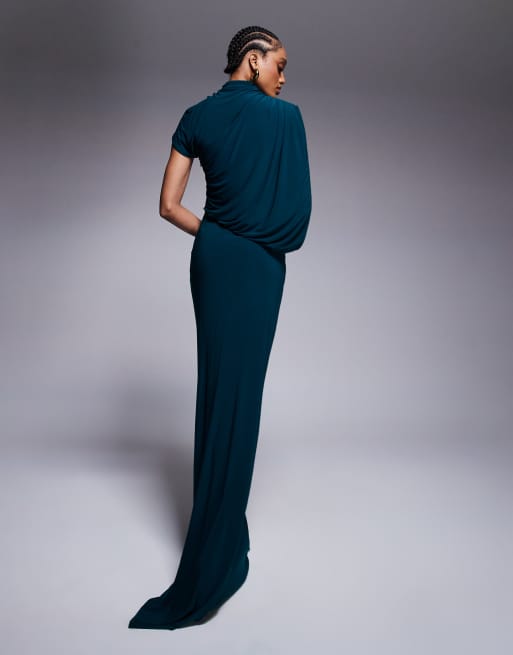 ASOS DESIGN Tall premium one shoulder drape maxi dress with cape detail in petrol, 2 of 4