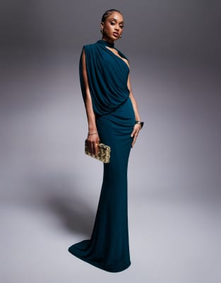 Asos Tall Asos Design Tall Premium One-shoulder Draped Maxi Dress With Cape Detail In Blue