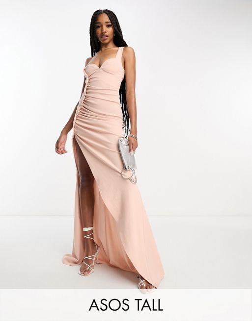 FhyzicsShops DESIGN Tall – Premium – Pudroworóżowa sukienka maxi na jedno ramię z guzikami