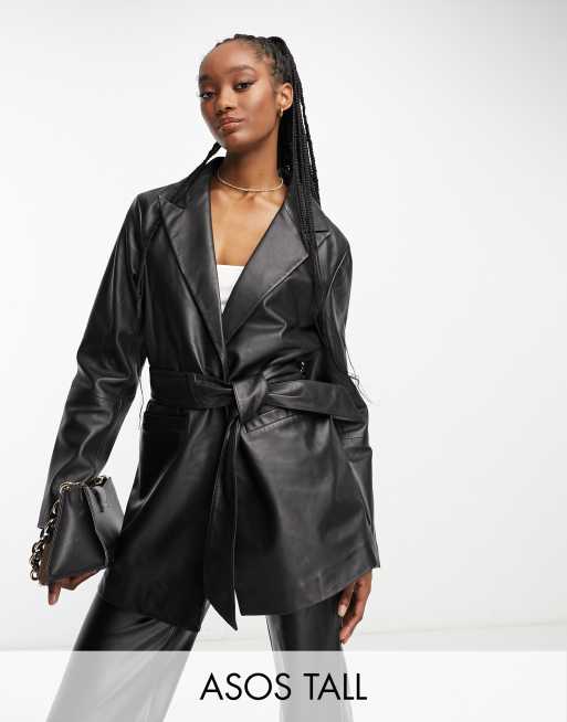 ASOS DESIGN Tall premium real leather belted mum jacket in black