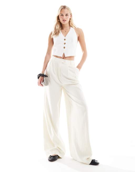 ASOS DESIGN Tall Premium tailored wide leg trousers in the cream stripe, 4 of 5