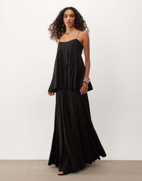  ASOS DESIGN Tall premium tiered cami maxi dress with godet full hem skirt in black - view 1