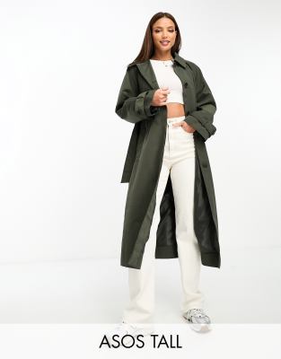 Asos Tall Asos Design Tall Premium Top Collar Trench In Dark Olive-green