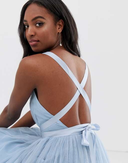 Asos design premium tulle maxi prom dress store with ribbon ties