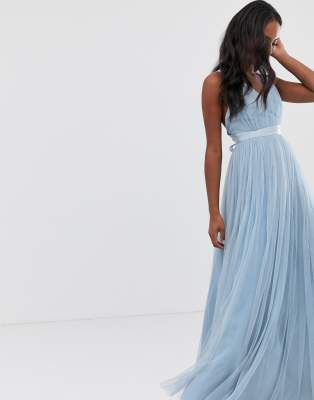 asos premium tulle maxi prom dress with ribbon ties