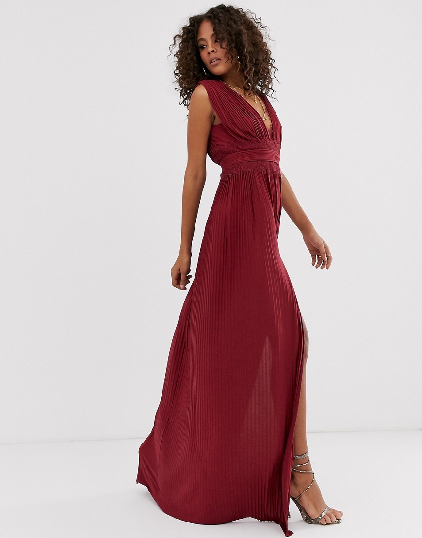 ASOS DESIGN Tall - Premium - Vestito lungo plissettato con inserti in pizzo-Rosso  donna Rosso - immagine2