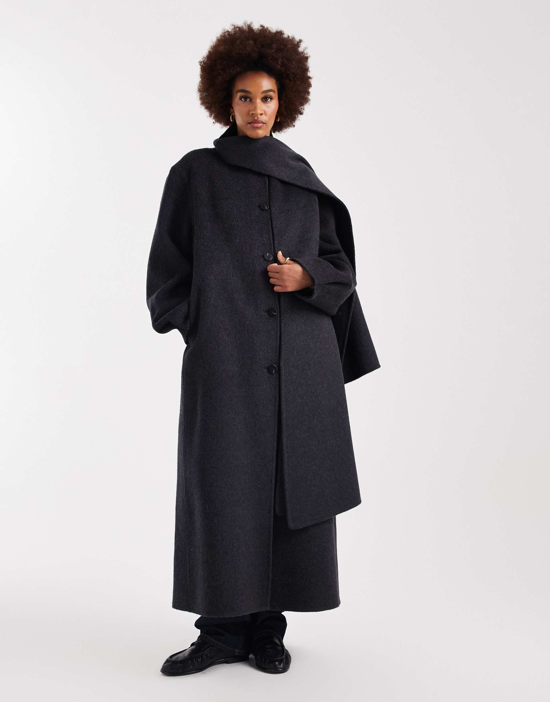 asos design tall premium wool rich longline coat with detachable scarf in charcoal