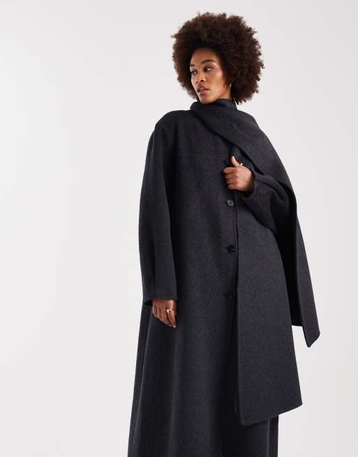 ASOS DESIGN Tall premium wool rich longline coat with detachable scarf in charcoal, 2 of 4