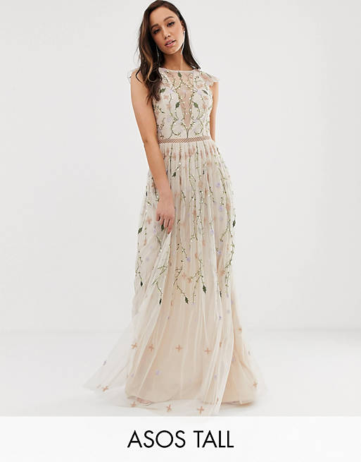 ASOS DESIGN Tall pretty embroidered floral and sequin mesh maxi dress ...