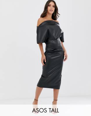 asos design pu drape shoulder midi pencil dress