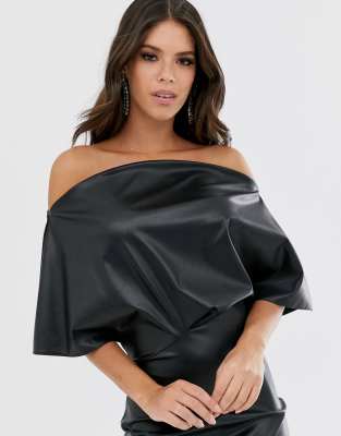 asos design pu drape shoulder midi pencil dress