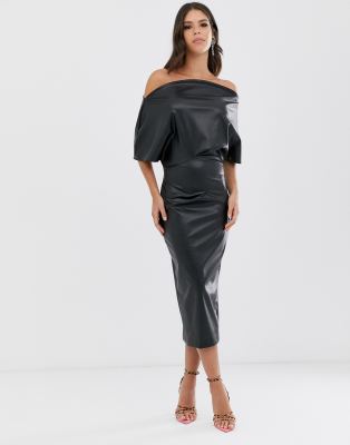 asos design pu drape shoulder midi pencil dress
