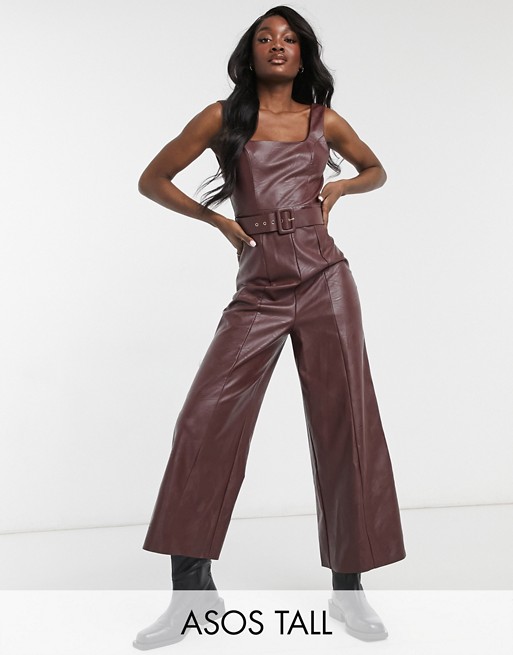 ASOS DESIGN tall PU square neck belted jumpsuit in brown