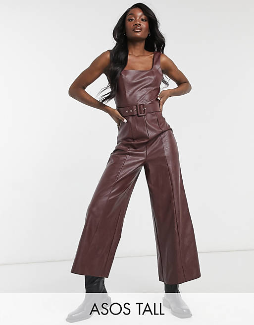 Jumpsuits & Playsuits tall PU square neck belted jumpsuit in brown 