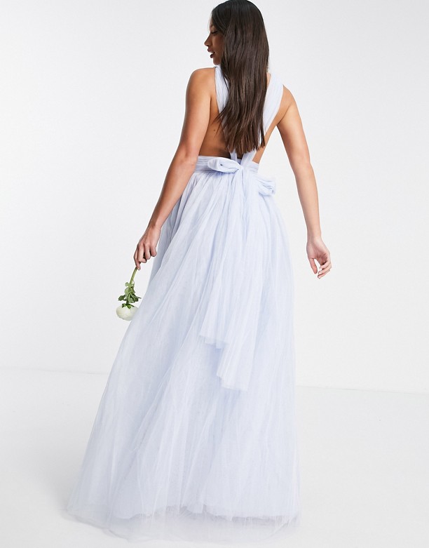 ASOS DESIGN Tall – Pudrowoniebieska tiulowa sukienka maxi z głębokim dekoltem i kokardą na plecach Powder blue Modny 