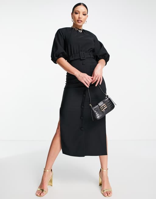 ASOS DESIGN Tall puff sleeve button through belted midi dress in black, 4 of 4
