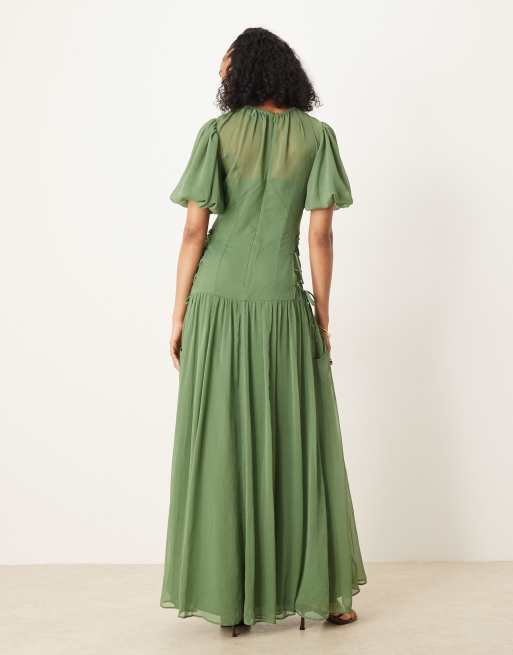 ASOS DESIGN Tall puff sleeve chiffon midaxi dress in green, 4 of 4