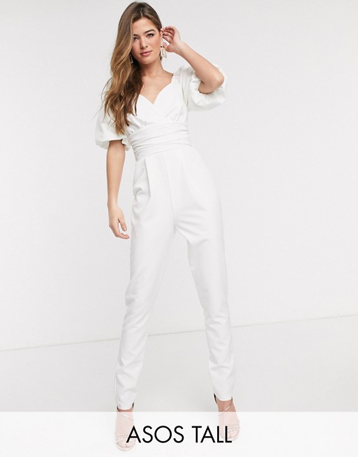 ASOS DESIGN tall puff sleeve jumpsuit with lace up back detail