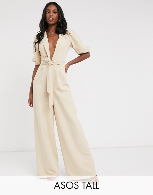 ASOS DESIGN tall puff sleeve jumpsuit with self belt