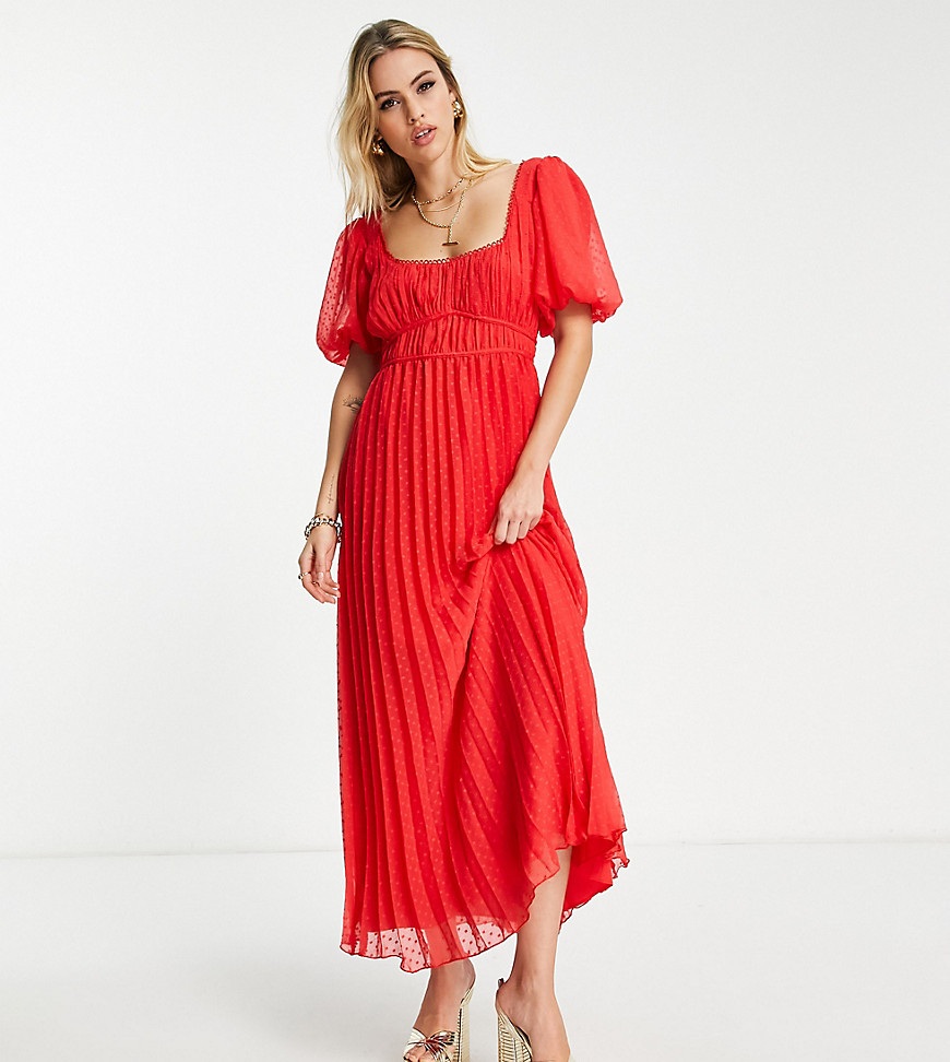 ASOS DESIGN Tall puff sleeve pleated dobby midi dress with scallop trim in red