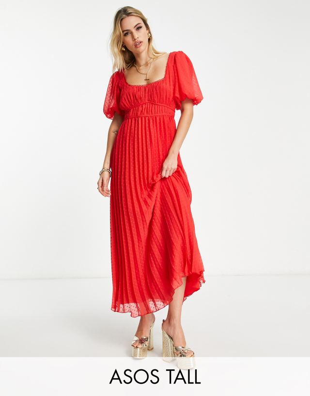 ASOS DESIGN Tall puff sleeve pleated textured midi dress with scallop trim in red