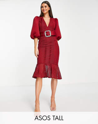 red lace midi dress with sleeves