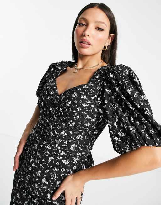 ASOS DESIGN Tall puff sleeve wrap front midi dress with tie back in ditsy print , 3 of 4